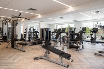 Community gym with a variety of workout and fitness equipment at The Rowan